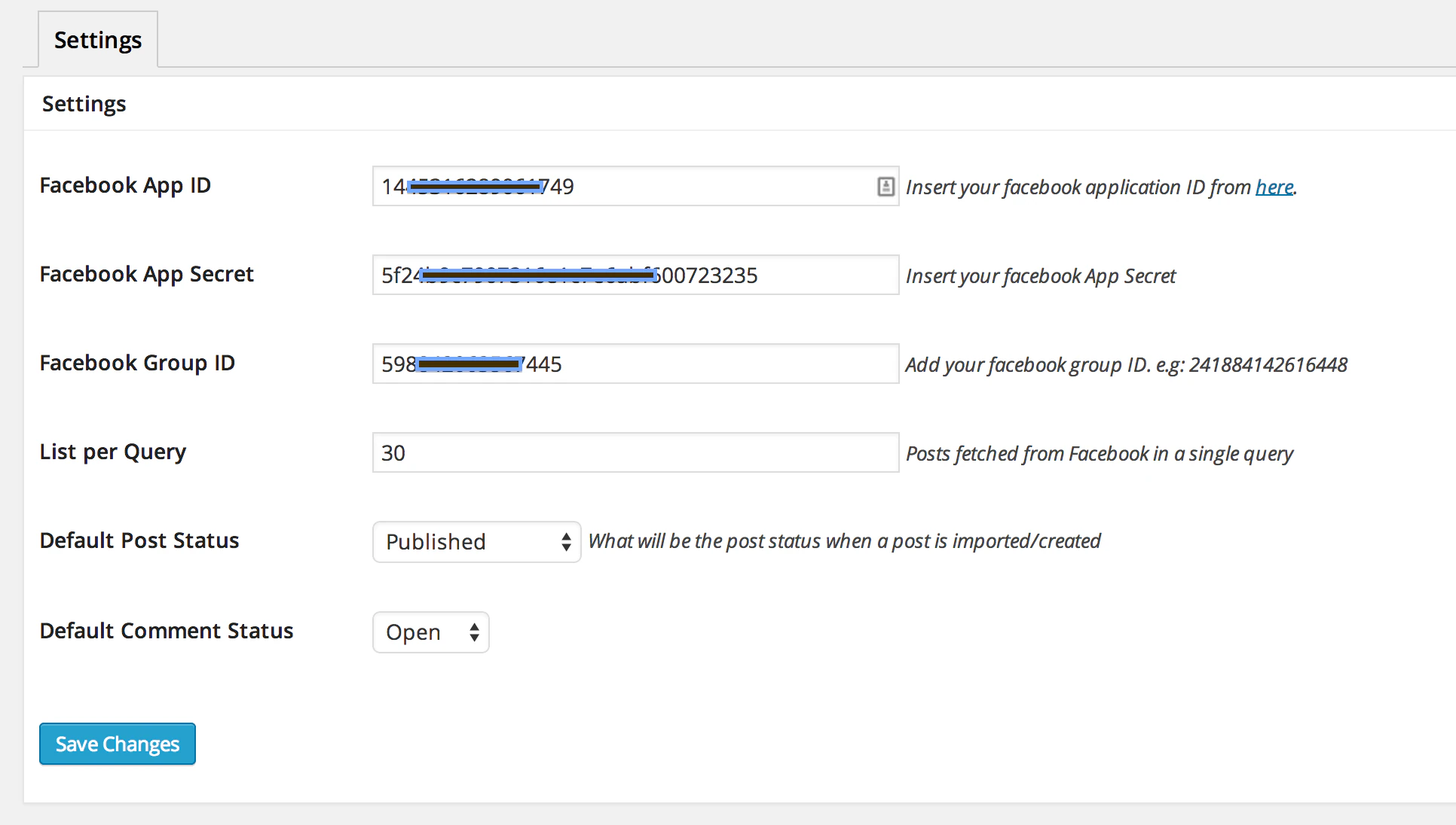 Facebook Group to WordPress — fb2wp settings