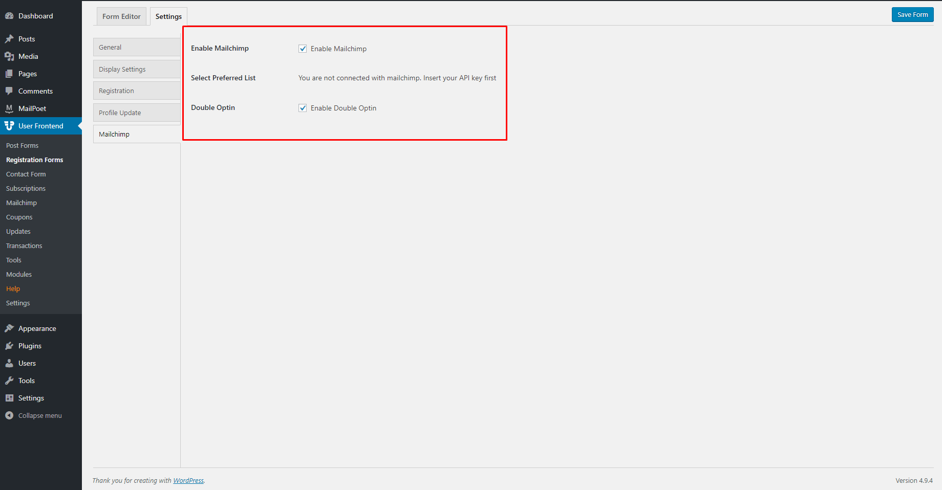 wpuf-registration-form-enable-Mailchimp-settings